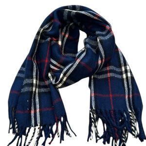 Cashmere Plaid Fringe Scarf in Navy and Red 100% Kashmir by Royal Rossi